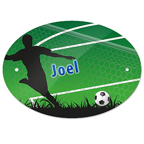 Türschild mit Namen Joel und Motiv mit Fußballer und Tor für Jungen | Kinderzimmer-Schild von Eurofoto