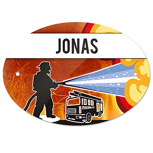Türschild mit Namen Jonas und Feuerwehr-Motiv | Kinderzimmer-Schild von Eurofoto