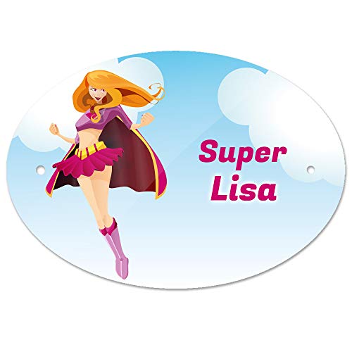 Türschild mit Namen Lisa und Motiv mit Superheldin für Mädchen | Kinderzimmer-Schild von Eurofoto