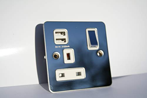 Schaltersteckdose mit 1 Gang, 13 A, mit 2.1-USB-Ausgang, flach, polierte Edelstahlplatte, passende Wippe, weiße Zierleiste von Eurolite