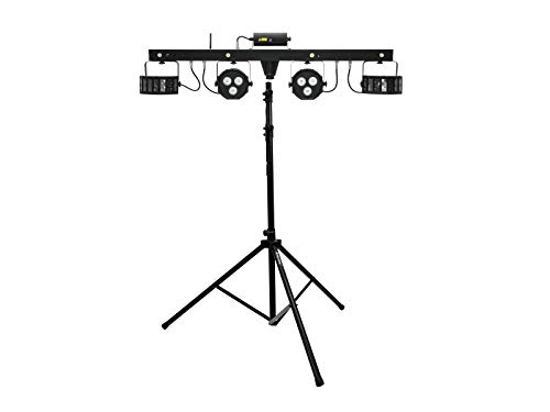 EUROLITE Set LED KLS L-Bar FX-Lichtset + M-4 Boxenhochständer/Bar mit 2 Derbys, 2 Spots, weißen Strobe-LEDs, Fußschalter + Stativ von Eurolite
