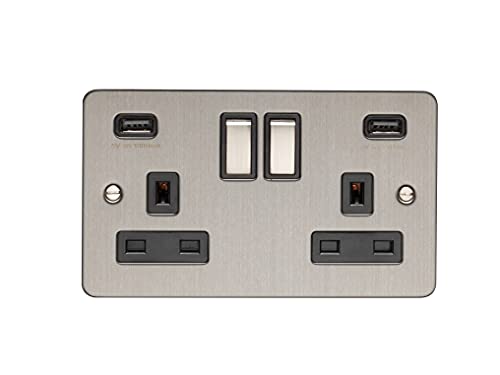 Steckdose mit 2-fach, 13 Ampere, 3,1 Ampere, USB-Ausgänge, runde Kante, verstärkt, flach, satiniert, S/Stahlplatte, Schwarz von Eurolite