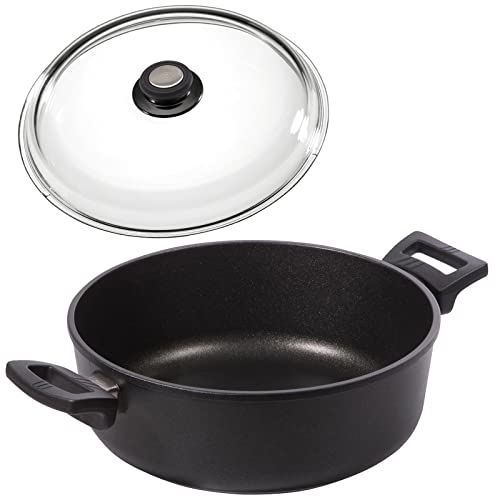 Eurolux Guss-Kasserolle Ø 26 cm Induktion Set mit Deckel aus Glas - flache runde Universal Bratenkasserolle 5.0 Liter mit Antihaft-Beschichtung - Made in Germany von Eurolux