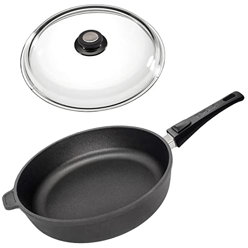 Eurolux Guss-Schmorpfanne Ø 24 cm Induktion Set mit Deckel aus Glas - hoher 7 cm Rand - Alugusspfanne mit abnehmbaren Stiel & Antihaft-Beschichtung - Made in Germany von Eurolux