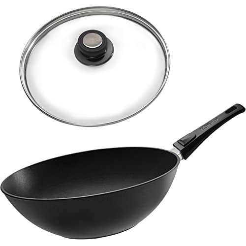 Eurolux leichter Stiel-Wok Ø 30 cm Induktion Set mit Deckel - große induktionsgeeignete Guss-Wok-Pfanne antihaftbeschichtet & abnehmbaren Stiel - Made in Germany von Eurolux