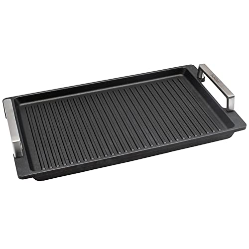 EUROLUX geriffelte Grillplatte 41 x 24 cm - induktive vollflächig gerillte Servierplatte Aluguss beschichtet mit Edelstahlgriffe - Made in Germany von EUROLUX