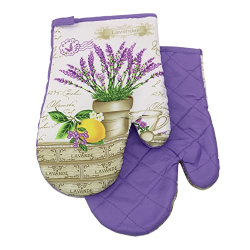 2 TLG. Set Topfhandschuhe mit Magnet Grillhandschuhe Backhandschuhe Ofenhandschuhe Kochhandschuhe Küchenhandschuhe (Lavendelblumen 9118- Violett Ecru) von Euromat