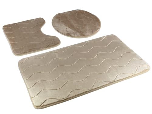 Badematten Badset Badgarnitur Rutschfester Badteppich Maschinenwaschbar (Sumba Beige 23, 3 TLG Set) 3 Stück: Teppich 45x75+ Unterlage 45x35+ Auflage 44x38 von Euromat