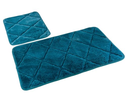 Euromat Badematten Badset Badgarnitur Rutschfester Polyester Badteppich Maschinenwaschbar Wasserabsorbierend (Muna Blau, 2 TLG Set) von Euromat