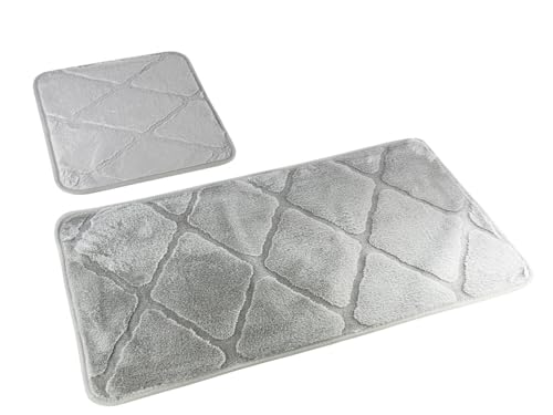 Euromat Badematten Badset Badgarnitur Rutschfester Polyester Badteppich Maschinenwaschbar Wasserabsorbierend (Muna Hellgrau, 2 TLG Set) von Euromat