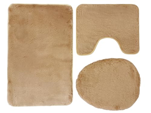 Euromat Badematten Badteppich Badematte – Flauschiges, rutschfest & Waschbar – Lombok Set 3 TLG (Beige) von Euromat