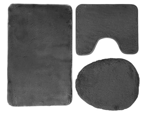 Badematten Badteppich Badematte – Flauschiges, rutschfest & Waschbar – Lombok Set 3 TLG (Dunkelgrau) von Euromat
