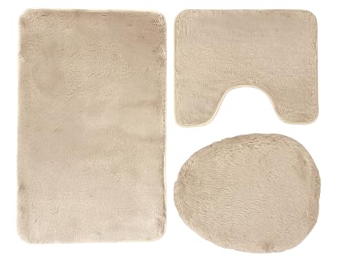 Euromat Badematten Badteppich Badematte – Flauschiges, rutschfest & Waschbar – Lombok Set 3 TLG (Ecru) von Euromat
