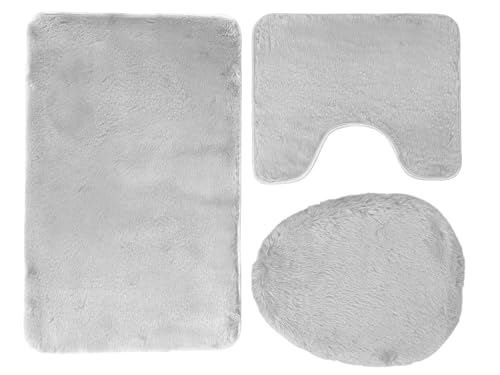 Euromat Badematten Badteppich Badematte – Flauschiges, rutschfest & Waschbar – Lombok Set 3 TLG (Hellgrau) von Euromat