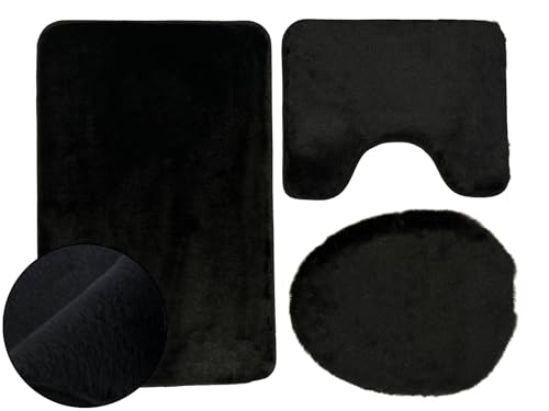Badematten Badteppich Badematte – Flauschiges, rutschfest & Waschbar – Lombok Set 3 TLG (Schwarz) von Euromat