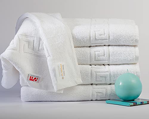 Euromat Hotelqualität Jacquard Frottier 2er Set Handtücher 50x100 cm mit Bordüre in Greek Key- 500 g/m², Weiß, Doppelgewebe Schlaufe, 100% Baumwolle, 95°C waschbar. Öko-Tex von Euromat