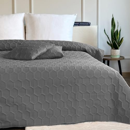 Euromat Tagesdecke Steppdecke Bettüberwurf Gesteppte Zweiseitig Tagesdecke mit 2 Kissenbezüge 40x40 cm- (Dunkelgrau Graphit - Parla 3D, 180x220 cm) von Euromat