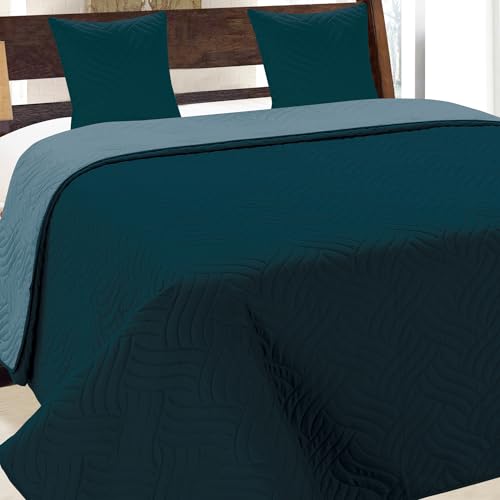 Euromat Tagesdecke Steppdecke Bettüberwurf Gesteppte Zweiseitig Tagesdecke mit 2 Kissenbezüge 40x40 cm- (Dunkle Türkis Blau- 11, 220x240 cm) von Euromat