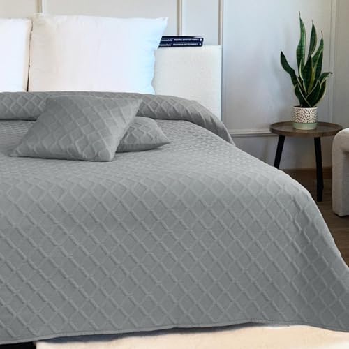 Euromat Tagesdecke Steppdecke Bettüberwurf Gesteppte Zweiseitig Tagesdecke mit 2 Kissenbezüge 40x40 cm- (Grau- Parla 3D, 180x220 cm) von Euromat