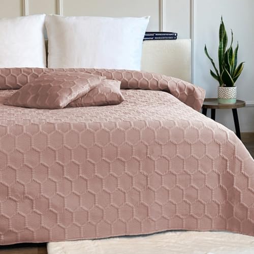Euromat Tagesdecke Steppdecke Bettüberwurf Gesteppte Zweiseitig Tagesdecke mit 2 Kissenbezüge 40x40 cm- (Puderrosa- Parla 3D, 180x220 cm) von Euromat