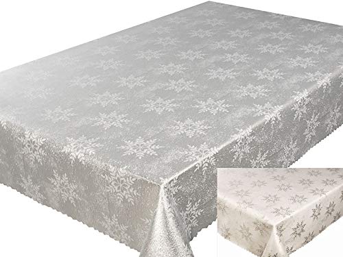 Euromat Zweiseitige Tischdecke Jacquard Weihnachten Feierlich Winter Große Schneeflocken Fleckenresistente abwaschbar Silber Weiß 185 GSM Lotus-Effekt Eckig Öko-Tex Standard 100 (140x200 cm) von Euromat