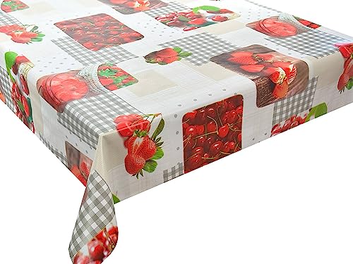 Wachstuch Tischdecke abwaschbar Gartentischdecke, Viele Größen und Designs, wasserabweisend (Früchte Erdbeeren Kirschen Rot Grau Weiß- J-6286-1, 140x140 cm) von Euromat