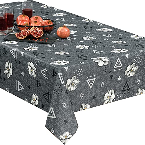 Wachstuch Tischdecke abwaschbar Gartentischdecke Viele Größen und Designs, wasserabweisend, abwischbar, ÖkoTex (Weiß Blumen und Dreiecke auf Grau- 1072-1, 140x160 cm) von Euromat