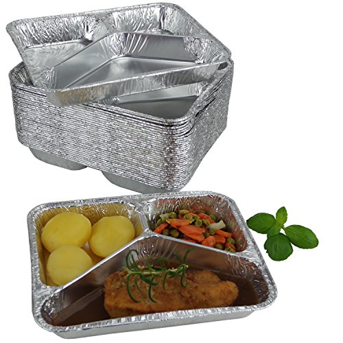 Europack24 100 Stück Alu Menüschalen | 3-geteilt | 227×177×39mm | für Imbiss, Catering und Servicebetriebe | Aluschalen rechteckig | Assietten | Einwegschalen von Europack24