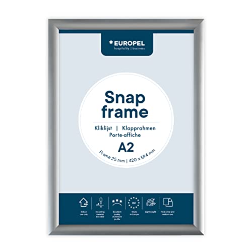 EUROPEL Klapprahmen A2 mit 25 mm Aluminium-Profil - aufklappbarer Plakatrahmen mit Gehrungsecke - Schnapprahmen für u.a. Poster, Zertifikate, Fotos & Werbemittel - Silber, 355004 von Europel