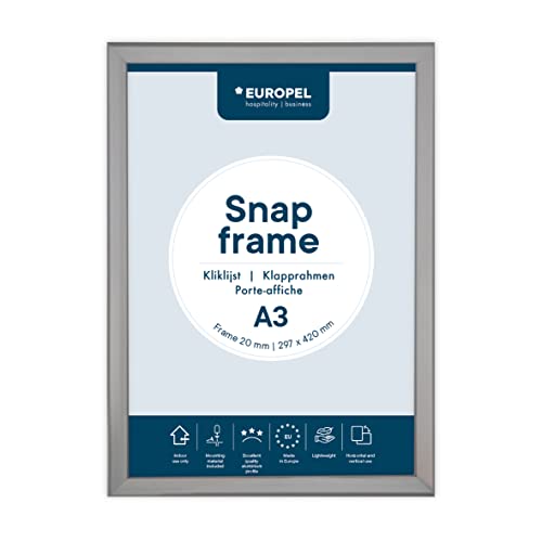 EUROPEL Klapprahmen A3 mit 20 mm Aluminium-Profil - aufklappbarer Plakatrahmen mit Gehrungsecke - Schnapprahmen für u.a. Poster, Zertifikate, Fotos & Werbemittel - Silber von Europel