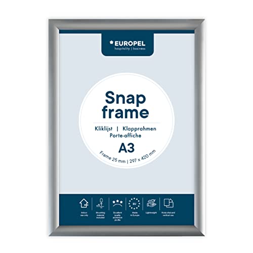 EUROPEL Klapprahmen A3 mit 25 mm Aluminium-Profil - aufklappbarer Plakatrahmen mit Gehrungsecke - Schnapprahmen für u.a. Poster, Zertifikate, Fotos & Werbemittel - Silber von Europel