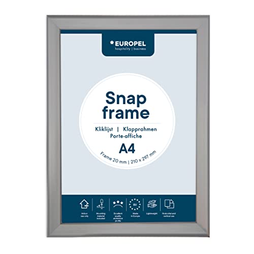 EUROPEL Klapprahmen A4 mit 20 mm Aluminium-Profil - aufklappbarer Plakatrahmen mit Gehrungsecke - Schnapprahmen für u.a. Poster, Zertifikate, Fotos & Werbemittel - Silber von Europel
