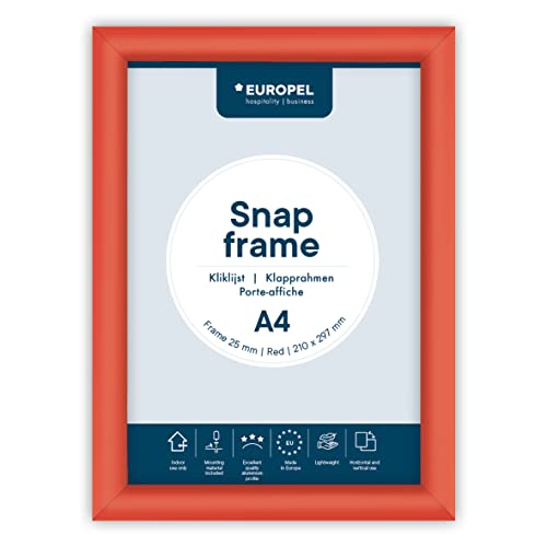 EUROPEL Klapprahmen A4 mit 25 mm Aluminium-Profil - aufklappbarer Plakatrahmen mit Gehrungsecke - Schnapprahmen für u.a. Poster, Zertifikate, Fotos & Werbemittel - Rot 355026 von Europel