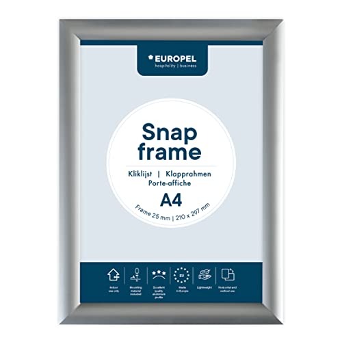 EUROPEL Klapprahmen A4 mit 25 mm Aluminium-Profil - aufklappbarer Plakatrahmen mit Gehrungsecke - Schnapprahmen für u.a. Poster, Zertifikate, Fotos & Werbemittel - Silber, 355001 von Europel