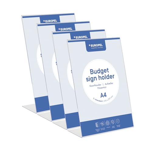 Europel Budget Tischständer, 4er-Pack, L-Ständer, DIN A4 hoch, glasklares Polystyrol 1,5 mm, Menü- und Prospektständer für Restaurants, Hotels, Konferenzen und Empfänge Europel Budget Tischständer, 4er-Pack, L-Ständer, DIN A4 hoch, glasklares Polystyrol 1,5 mm, Menü- und Prospektständer für Restaurants, Hotels, Konferenzen und Empfänge von Europel