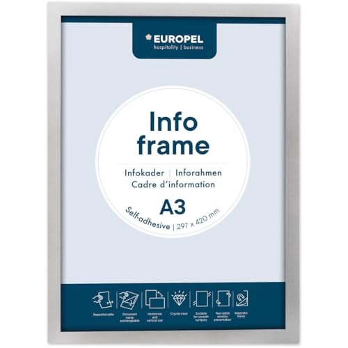 EUROPEL Selbstklebender magnetischer Info-Rahmen aus PVC, A3 Silber, 2er Set, einfach ablösbar durch Magnet, doppelseitig, Hoch- oder Querformat, 32,5 x 23,8 cm von Europel