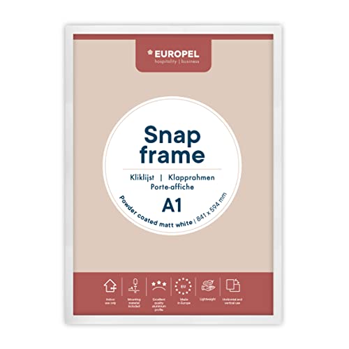 Europel leichte Klapprahmen DIN A1 mattschwarz pulverbeschichtet, Easy-Click System, Profil 25x11 mm, eloxierte Aluminium und blendfreie Schutzfolie, Außenmaß 625x872 mm, grau Polystyrol Rückseite von Europel