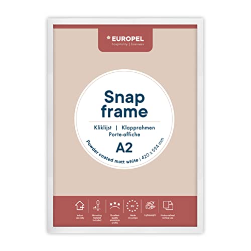 Europel leichte Klapprahmen DIN A2 mattweiß pulverbeschichtet, Easy-Click System, Profil 25x11 mm, eloxierte Aluminium und blendfreie Schutzfolie, Außenmaß 625x872 mm, grau Polystyrol Rückseite von Europel