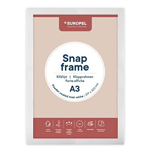 Europel leichte Klapprahmen DIN A3 mattweiß pulverbeschichtet, Easy-Click System, Profil 25x11 mm, eloxierte Aluminium und blendfreie Schutzfolie, Außenmaß 328x451 mm, grau Polystyrol Rückseite von Europel