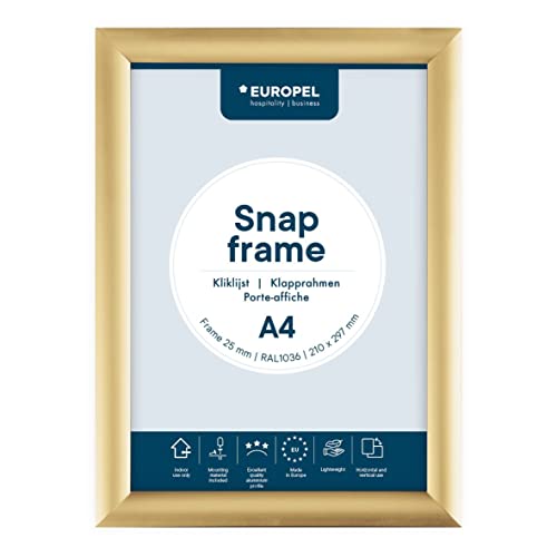 Europel leichte Klapprahmen DIN A4, Easy-Click System, Profil 25x11 mm, Farbe Gold, eloxierte Aluminium und blendfreie Schutzfolie, Außenmaß 241x328 mm, grau Polystyrol Rückseite von Europel