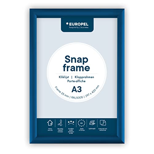 Europel leichter Klapprahmen DIN A3, Farbe Blau, Easy-Click System, Profil 25x11 mm, eloxiertes Aluminium und blendfreie Schutzfolie, Außenmaß 328x451 mm, grau Polystyrol Rückseite von Europel