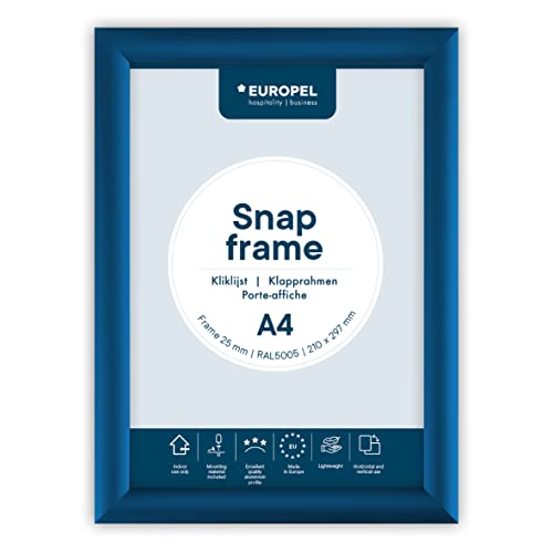 Europel leichter Klapprahmen DIN A4, Farbe Blau, Easy-Click System, Profil 25x11 mm, eloxiertes Aluminium und blendfreie Schutzfolie, Außenmaß 241x328 mm, grau Polystyrol Rückseite von Europel