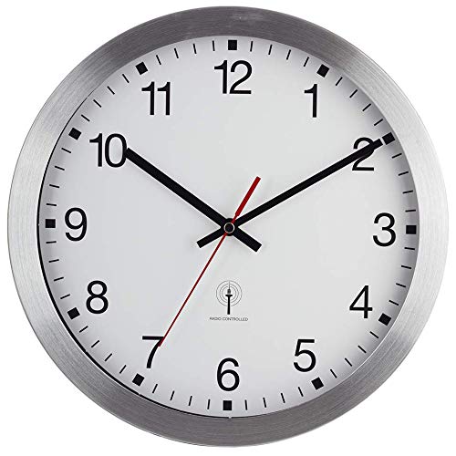 EUROTIME Funkwanduhr, 30 cm, Aluminiumgehäuse, Echtglas, klares 12-Zahlen Zifferblatt, automatische Zeitein- und Zeitumstellung von Sommer- und Winterzeit, Wanduhr für Wohnbereich oder Büro, rote Sekunde, wandanliegend, 59000-07 von Eurotime