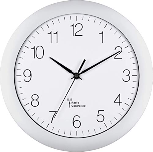 Eurotime Funkwanduhr, 30 cm, Kunststoffgehäuse, gewölbtes Echtglas, automatische Zeitein- und Zeitumstellung von Sommer- und Winterzeit, Wanduhr für Küche und Wohnbereich, weiß, 52800-00 von Eurotime