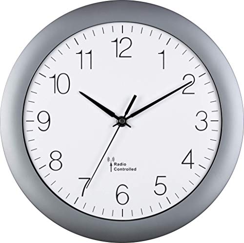 Eurotime Funkwanduhr, 30 cm, Kunststoffgehäuse, gewölbtes Echtglas, automatische Zeitein- und Zeitumstellung von Sommer- und Winterzeit, Wanduhr für Küche und Wohnbereich, Silber, 52800-07 von Eurotime