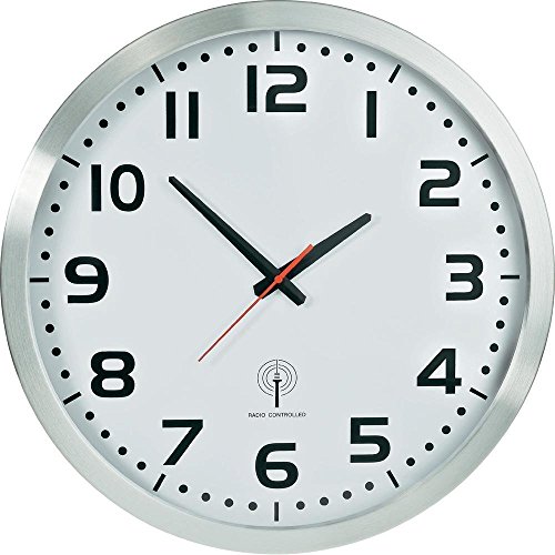 EUROTIME Funkwanduhr, 50 cm, Aluminiumgehäuse, Echtglas, klares 12-Zahlen Zifferblatt, automatische Zeitein- und Zeitumstellung von Sommer- und Winterzeit, Wanduhr für Wohnbereich oder Büro, rote Sekunde, wandanliegend, nur für Innen, 56863 von Eurotime