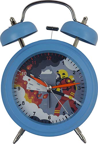 Eurotime Analog Wecker mit Glockenalarm und Feuerwehr-Motiv für Mädchen und Jungen, kein Ticken, schleichende Sekunde, mit Blinklicht, Modell 22074 von Eurotime