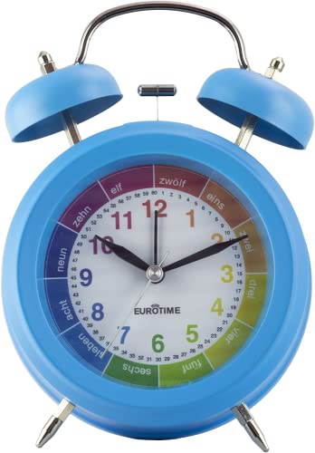 Eurotime Doppelglockenwecker, Glockenalarm und Blaue LED-Beleuchtung, Lernzifferblatt, Kunststoffgehäuse und Echtglas, geräuscharmer Wecker, kein Ticken, mit Weckwiederholung, 22050 von Eurotime