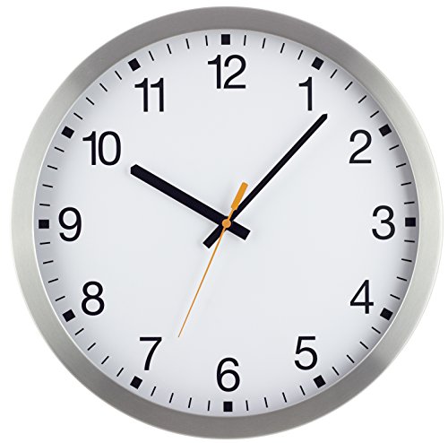 Eurotime Funkwanduhr, 35 cm, Aluminiumgehäuse, Echtglas, klares 12-Zahlen Zifferblatt, Wanduhr für Wohnbereich oder Büro, orangene Sekunde, wandanliegend, 57840-07 von Eurotime