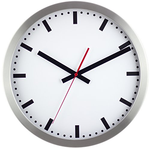Eurotime Funkwanduhr 35 cm Aluminiumgehäuse Echtglas Bahnhofs-Design klares Zifferblatt Wanduhr für Wohnbereich oder Büro rote Sekunde wandanliegend 57835-07 von Eurotime